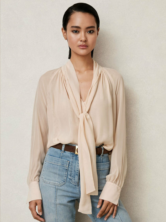 Reiss Silk Blend Chiffon Tie-Neck Blouse in Pale Pink