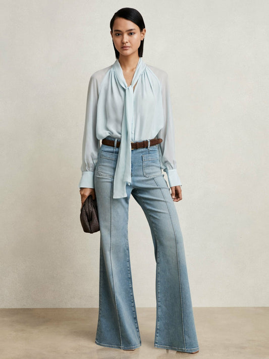 Reiss Affordable - Silk Blend Chiffon Tie-Neck Blouse in Pale Blue