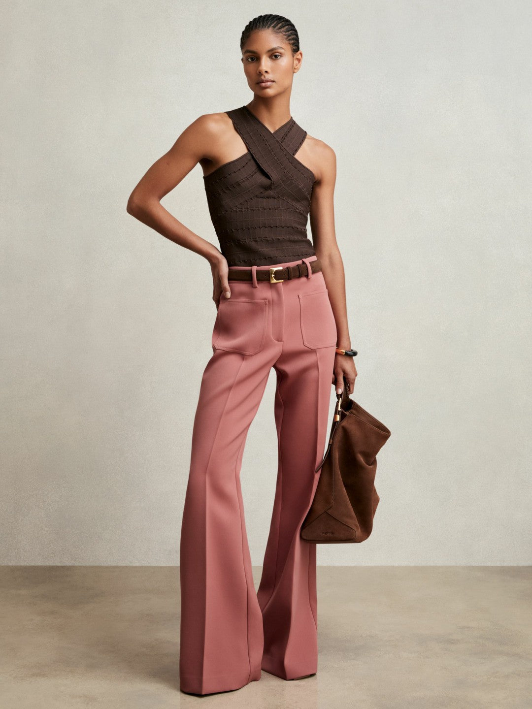 Reiss Twill Patch-Pocket Flared Trousers in Pink
