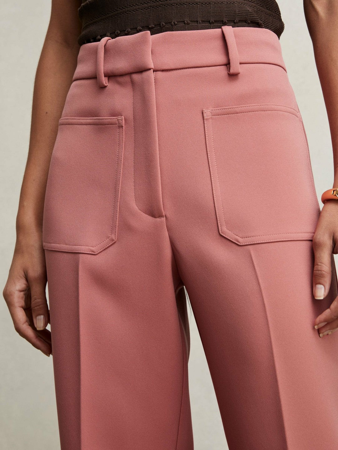 Reiss Twill Patch-Pocket Flared Trousers in Pink