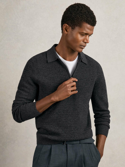 Reiss Savings - Wool Waffle-Knit Half-Zip Polo Shirt in Charcoal Grey