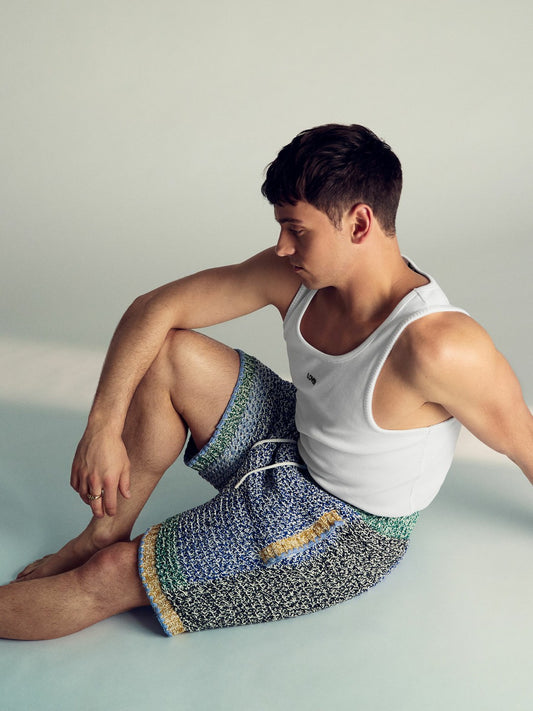 Reiss Value - | Tom Daley Crochet Panel Shorts in Yellow/Green/Blue Multi