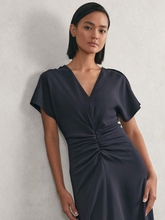 Reiss Featured - Petite Ruched-Front Midi Dress in Navy