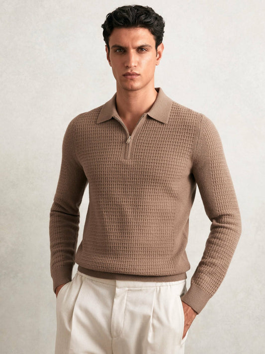 Reiss Offer - Wool Waffle-Knit Half-Zip Polo Shirt in Camel Brown