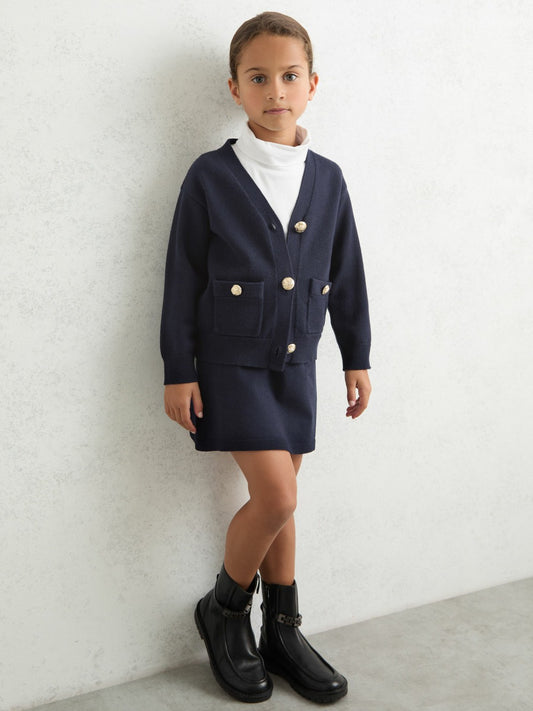 Reiss Offer - 3-9 yrs Knitted Embossed-Button Cardigan in Navy