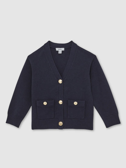 Reiss Offer - 3-9 yrs Knitted Embossed-Button Cardigan in Navy