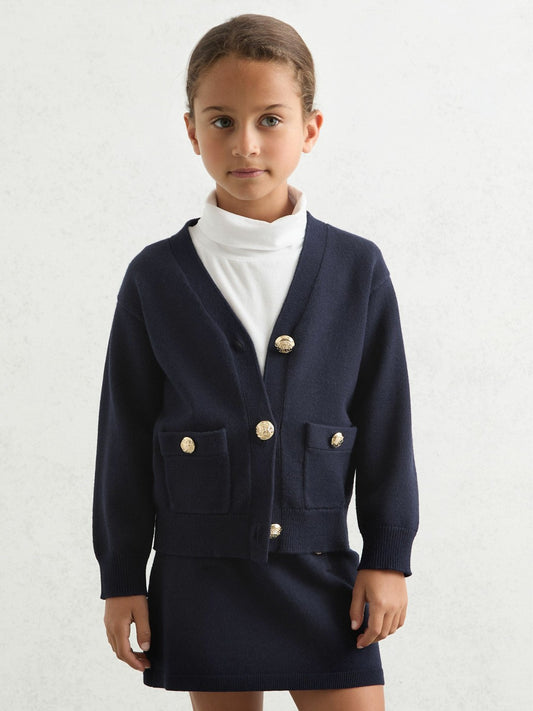 Reiss 9-13 yrs Knitted Embossed-Button Cardigan in Navy