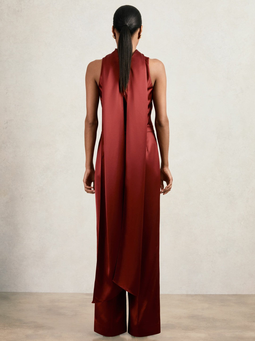 Reiss Savings - Satin Cape-Sash Jumpsuit in Dark Red