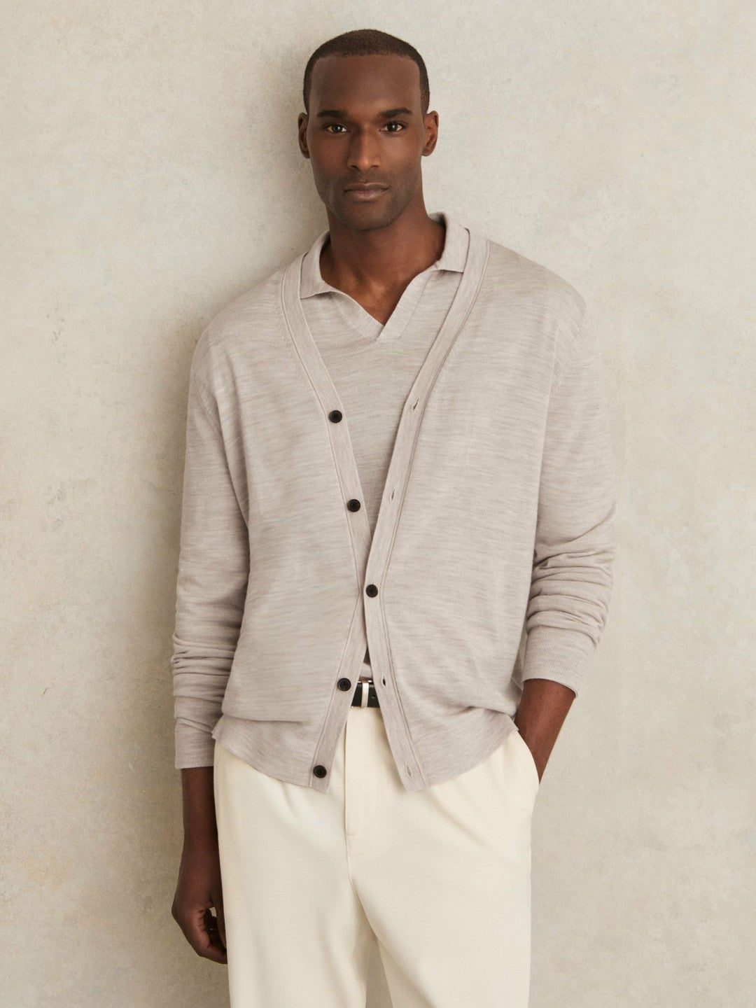 Reiss Savings - Merino Wool Button-Through Cardigan in Wicker Brown Melange