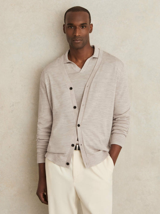 Reiss Savings - Merino Wool Button-Through Cardigan in Wicker Brown Melange
