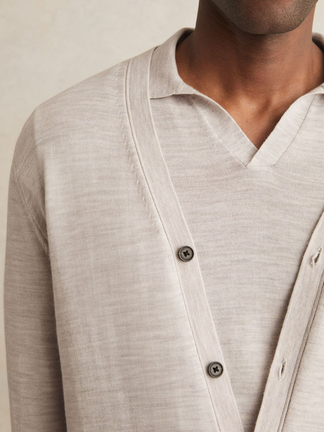 Reiss Savings - Merino Wool Button-Through Cardigan in Wicker Brown Melange