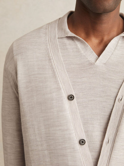 Reiss Savings - Merino Wool Button-Through Cardigan in Wicker Brown Melange