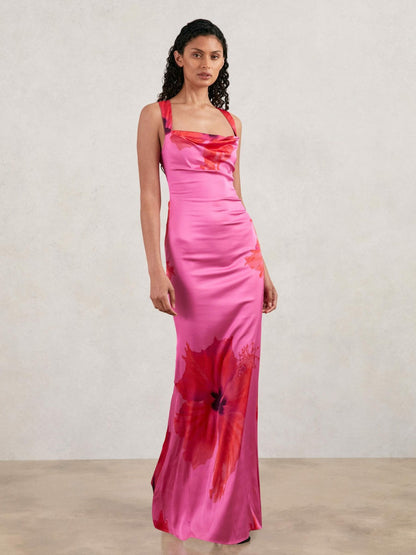 Reiss Sale - Good American Satin Floral Maxi Dress in Pink