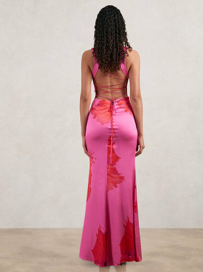 Reiss Sale - Good American Satin Floral Maxi Dress in Pink