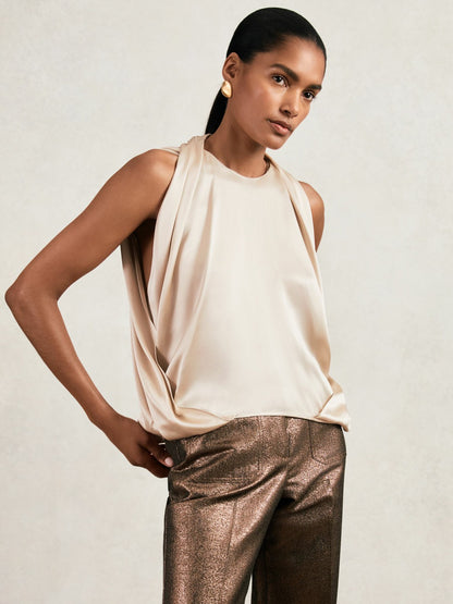 Reiss Silk Draped Sleeveless Top in Champagne Neutral