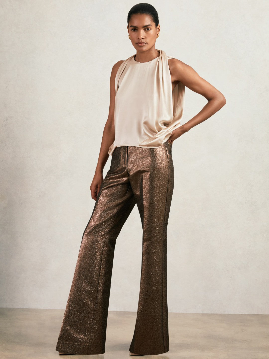 Reiss Silk Draped Sleeveless Top in Champagne Neutral