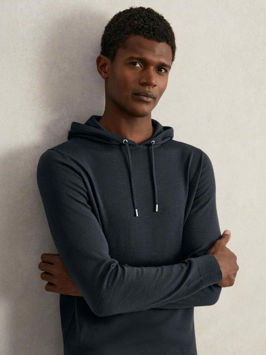 Reiss Affordable - Merino Wool Drawstring Hoodie in Midnight Navy