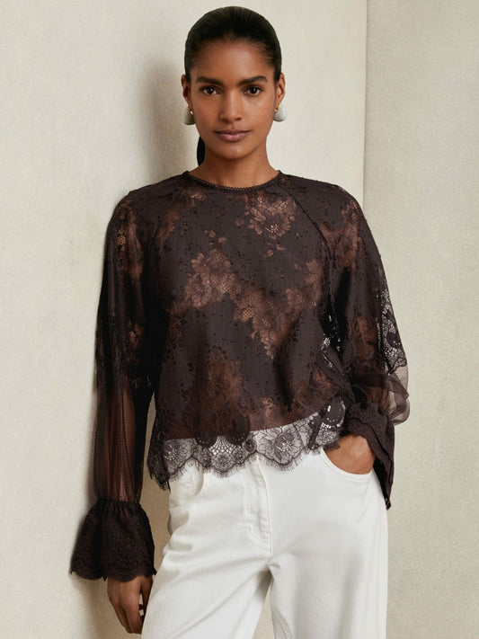 Reiss Affordable - Lace Flared Cuff Blouse in Chocolate Brown