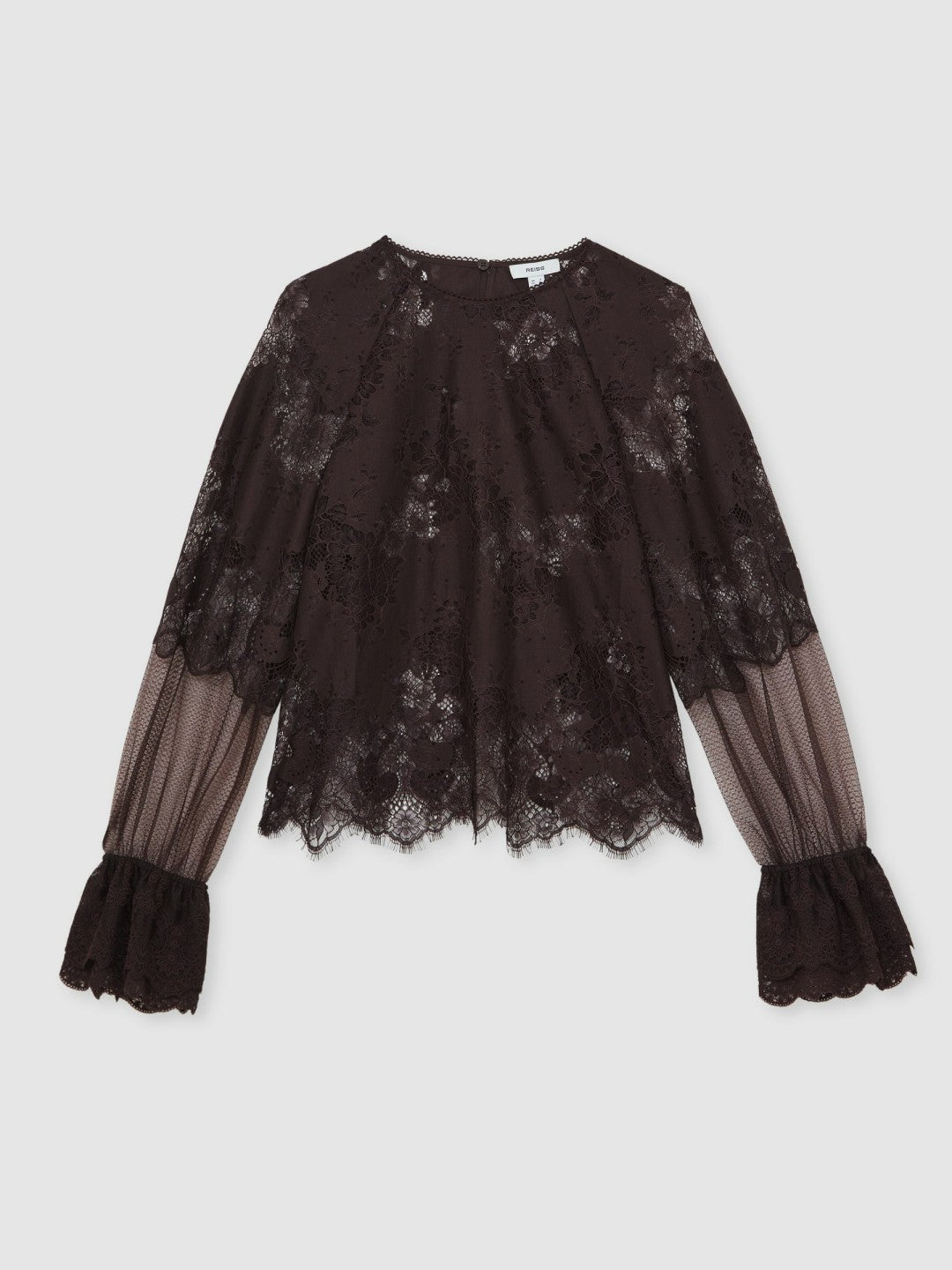Reiss Affordable - Lace Flared Cuff Blouse in Chocolate Brown