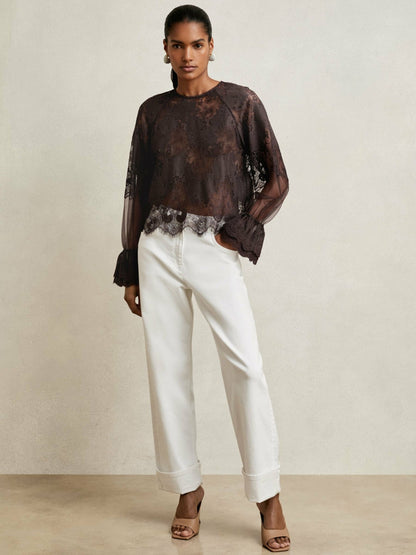 Reiss Affordable - Lace Flared Cuff Blouse in Chocolate Brown