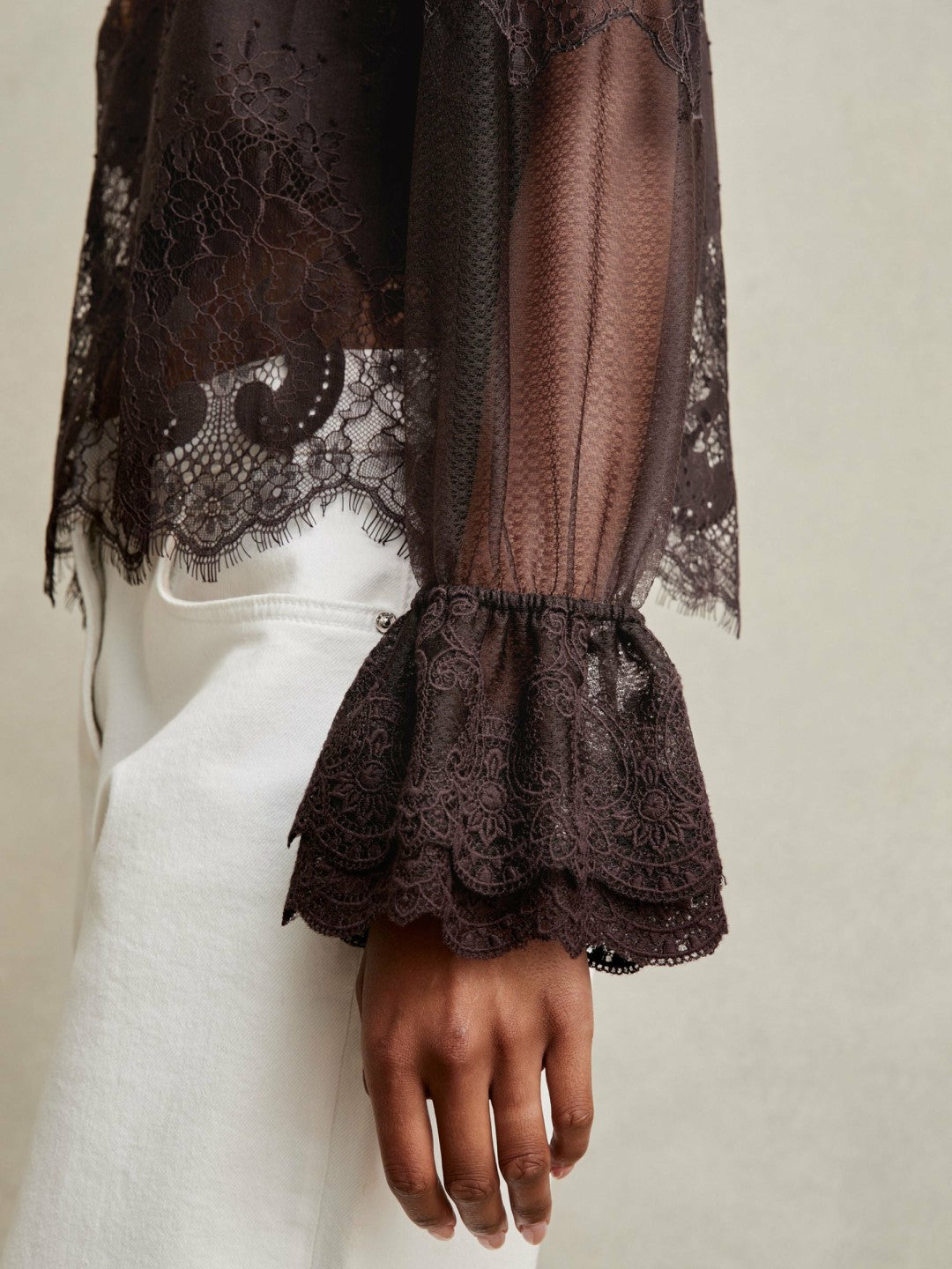 Reiss Affordable - Lace Flared Cuff Blouse in Chocolate Brown