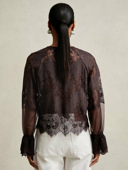 Reiss Affordable - Lace Flared Cuff Blouse in Chocolate Brown