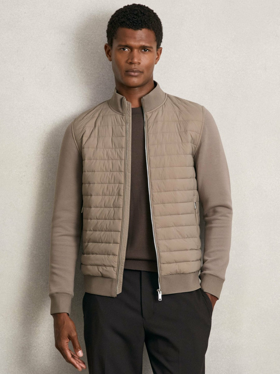 Reiss Savings - Hybrid Quilt and Knit Zip-Through Jacket in Taupe Brown