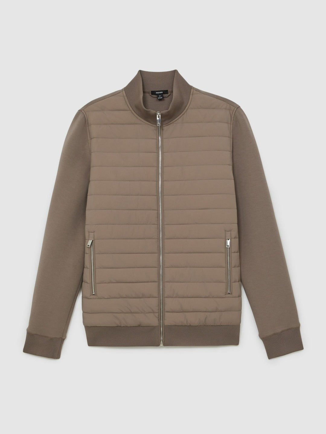 Reiss Savings - Hybrid Quilt and Knit Zip-Through Jacket in Taupe Brown