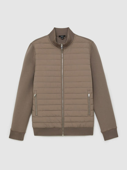Reiss Savings - Hybrid Quilt and Knit Zip-Through Jacket in Taupe Brown