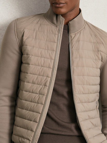 Reiss Savings - Hybrid Quilt and Knit Zip-Through Jacket in Taupe Brown
