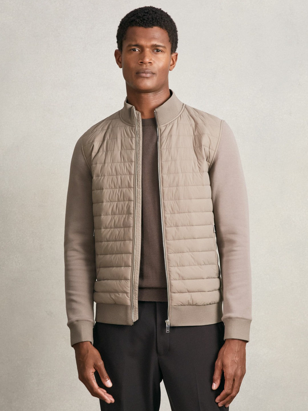 Reiss Savings - Hybrid Quilt and Knit Zip-Through Jacket in Taupe Brown