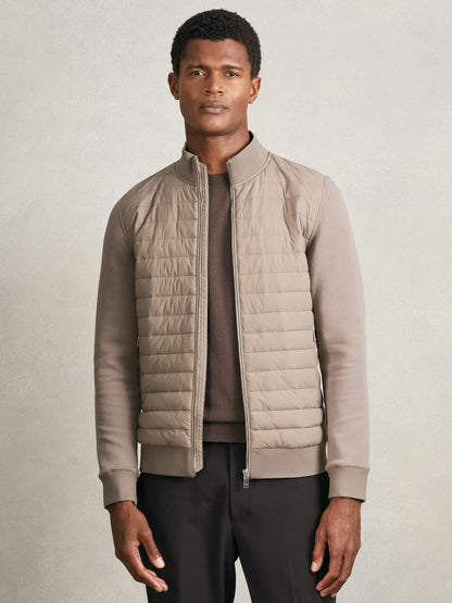 Reiss Savings - Hybrid Quilt and Knit Zip-Through Jacket in Taupe Brown
