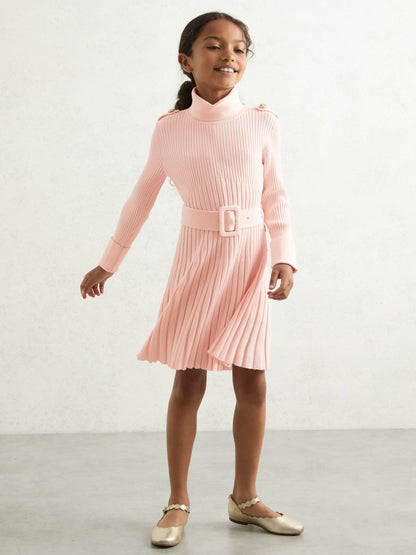 Reiss Sale - 3-9 yrs Rib-Knit Roll-Neck Belted Dress in Pink