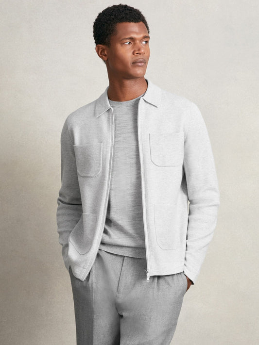 Reiss Featured - Four-Pocket Zip-Through Cardigan in Soft Grey