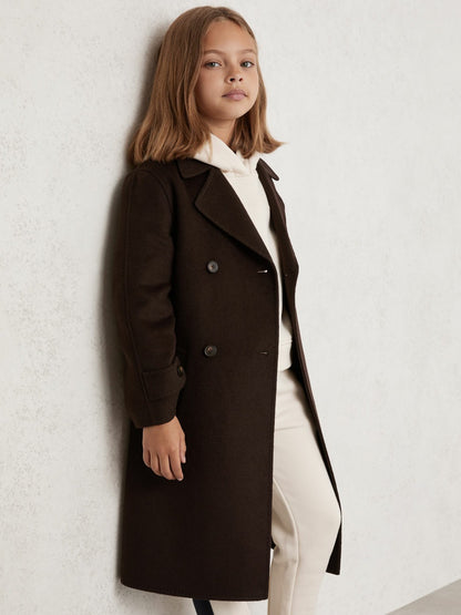 Reiss 13-14 yrs Double-Breasted Blindseam Wool-Blend Coat in Chocolate Brown
