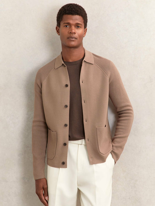 Reiss Value - Button-Through Ribbed-Sleeve Shirt in Camel Brown