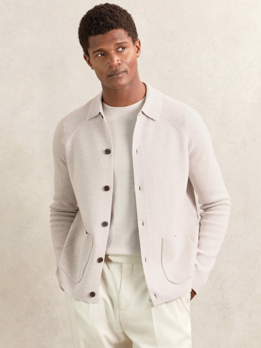 Reiss Featured - Button-Through Ribbed-Sleeve Shirt in Oatmeal Brown
