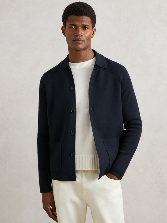 Reiss Sale - Button-Through Ribbed-Sleeve Shirt in Navy Blue
