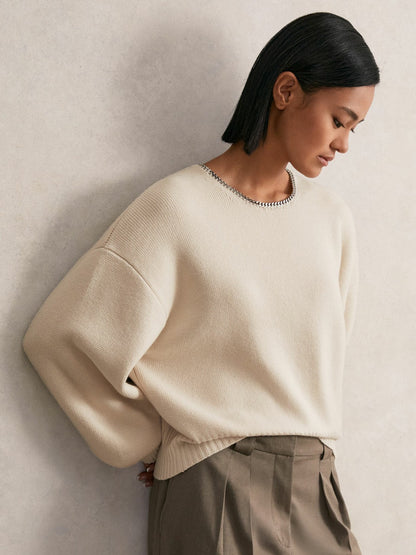 Reiss Wool-Blend Necklace-Trim Jumper with Cashmere in Cream