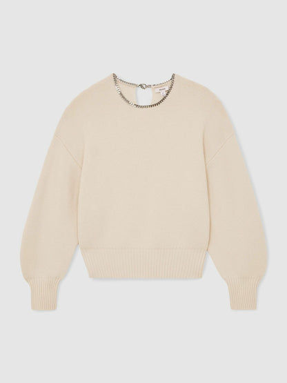 Reiss Wool-Blend Necklace-Trim Jumper with Cashmere in Cream