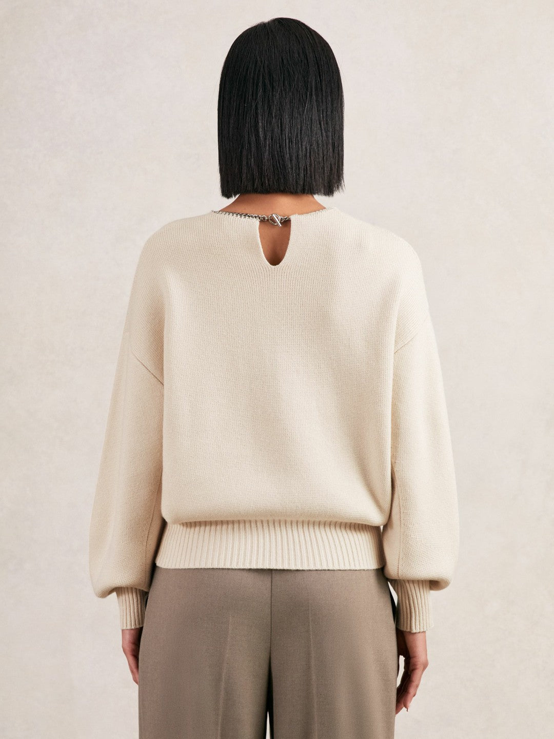 Reiss Wool-Blend Necklace-Trim Jumper with Cashmere in Cream