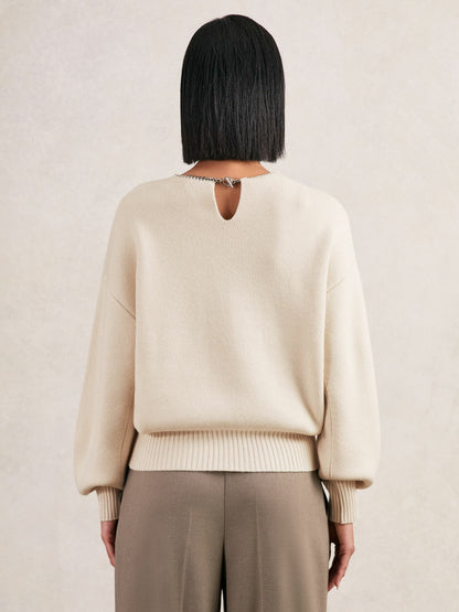 Reiss Wool-Blend Necklace-Trim Jumper with Cashmere in Cream