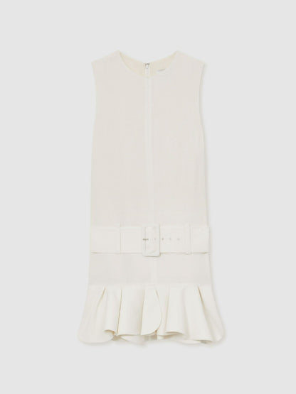 Reiss Ruffle Hem Belted Mini Dress in Ivory