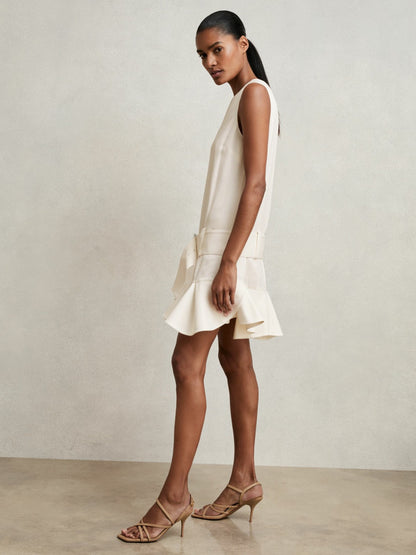 Reiss Ruffle Hem Belted Mini Dress in Ivory