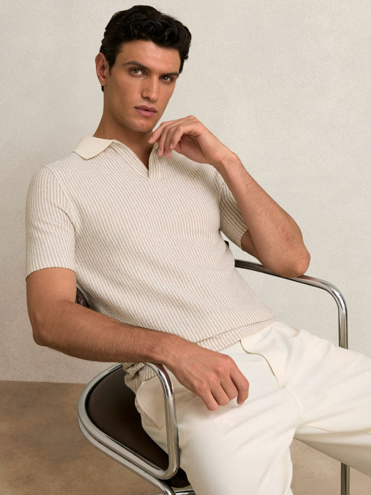 Reiss Offer - Cotton-Blend Stripe Polo Shirt in Ecru/Taupe Brown