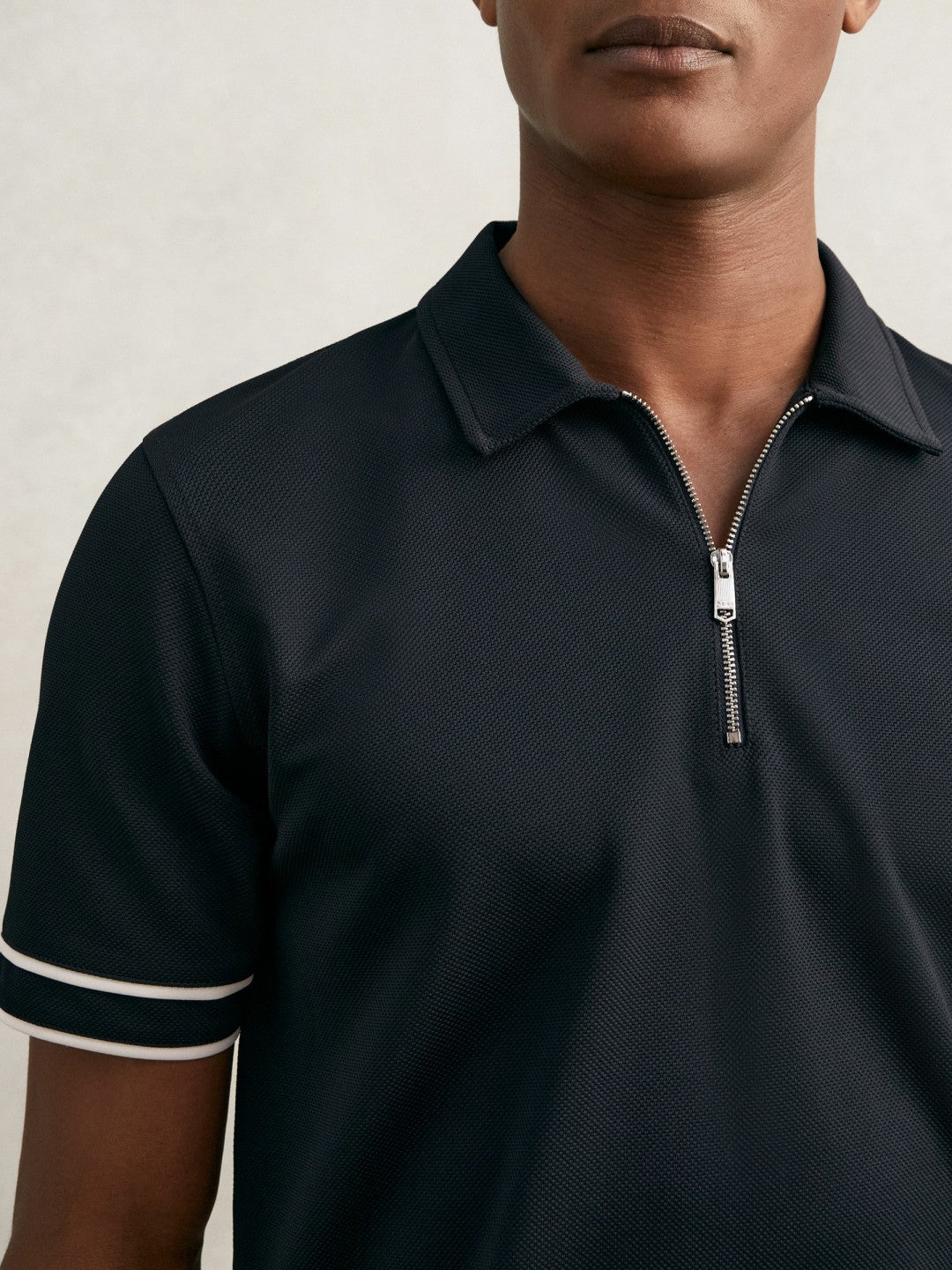 Reiss Offer - Textured Half-Zip Tipped Polo Shirt in Navy