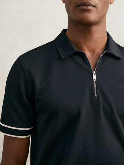 Reiss Offer - Textured Half-Zip Tipped Polo Shirt in Navy