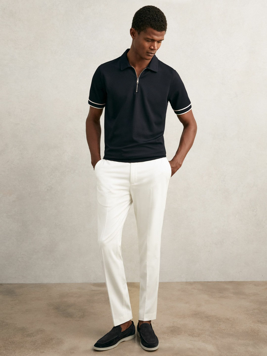 Reiss Offer - Textured Half-Zip Tipped Polo Shirt in Navy