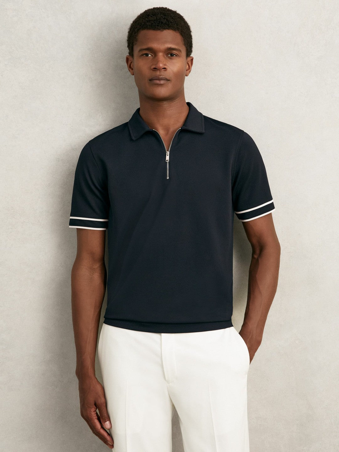 Reiss Offer - Textured Half-Zip Tipped Polo Shirt in Navy