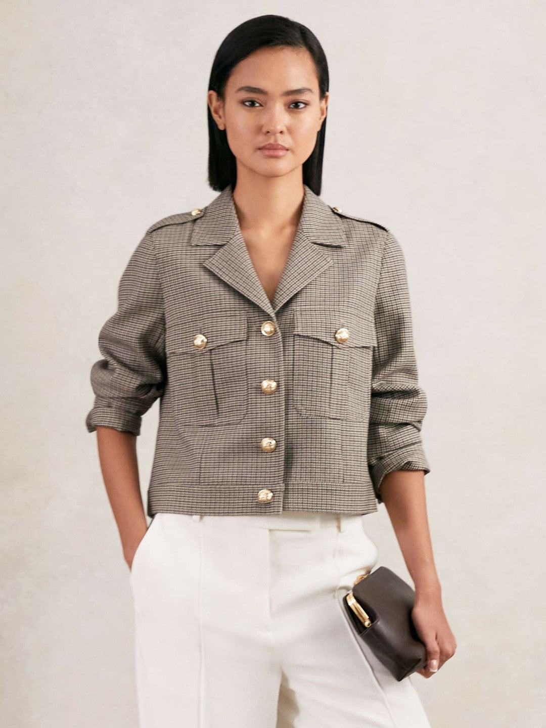 Reiss Offer - Wool Twin-Pocket Cropped Jacket in Neutral Check